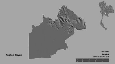 Tayland 'ın Nakhon Nayok eyaleti, başkenti sağlam arka planda izole edilmiştir. Uzaklık ölçeği, bölge önizlemesi ve etiketleri. Çift seviyeli yükseklik haritası. 3B görüntüleme