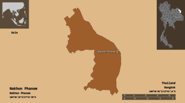 Tayland 'ın Nakhon Phanom ili ve başkenti. Uzaklık ölçeği, ön gösterimler ve etiketler. Desenli dokuların bileşimi. 3B görüntüleme