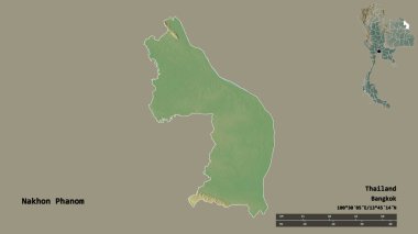 Tayland 'ın Nakhon Phanom eyaleti, başkenti sağlam bir zemin ile izole edilmiştir. Uzaklık ölçeği, bölge önizlemesi ve etiketleri. Topografik yardım haritası. 3B görüntüleme