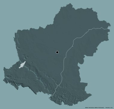 Tayland 'ın Nakhon Ratchasima şehrinin başkenti, koyu renk arka planda izole edilmiştir. Renkli yükseklik haritası. 3B görüntüleme
