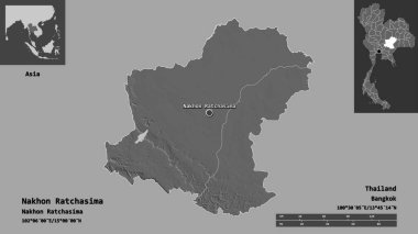 Nakhon Ratchasima, Tayland eyaleti ve başkenti. Uzaklık ölçeği, ön gösterimler ve etiketler. Çift seviyeli yükseklik haritası. 3B görüntüleme