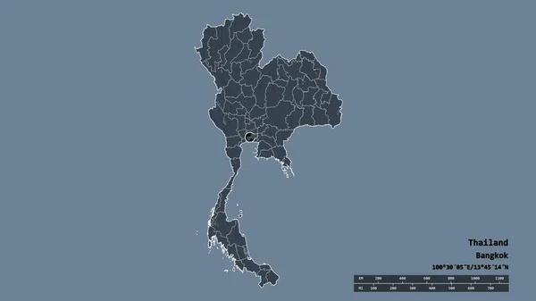 主要な地域部門と分離バンコク首都圏とタイの荒廃した形 ラベル 色の標高マップ 3Dレンダリング — ストック写真