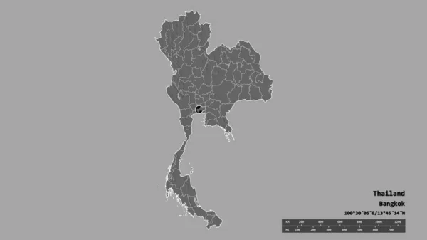 主要な地域部門と分離バンコク首都圏とタイの荒廃した形 ラベル 標高マップ 3Dレンダリング — ストック写真
