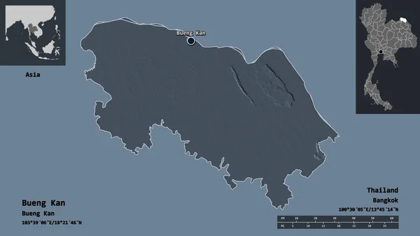 タイ国のブエンカン県とその首都の形 距離スケール プレビューおよびラベル 色の標高マップ 3Dレンダリング — ストック写真