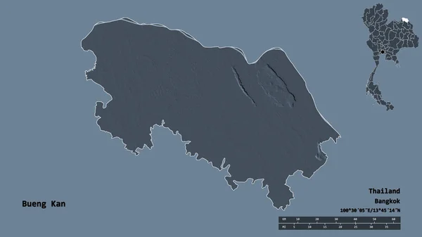 泰国布恩干的形状 其首都在坚实的背景下与世隔绝 距离尺度 区域预览和标签 彩色高程图 3D渲染 — 图库照片