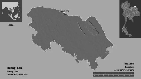 タイ国のブエンカン県とその首都の形 距離スケール プレビューおよびラベル 標高マップ 3Dレンダリング — ストック写真