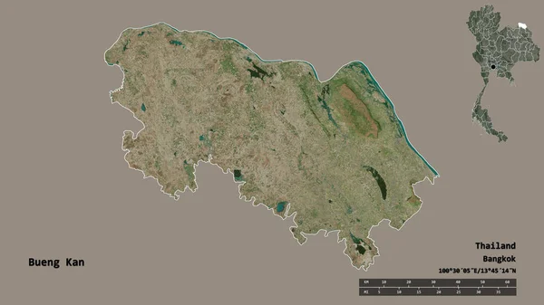 泰国布恩干的形状 其首都在坚实的背景下与世隔绝 距离尺度 区域预览和标签 卫星图像 3D渲染 — 图库照片