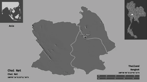 泰国柴纳特的形状和它的首都 距离刻度 预览和标签 Bilevel高程图 3D渲染 — 图库照片