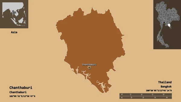 タイ国チャンタブリ県とその首都の形 距離スケール プレビューおよびラベル パターン化されたテクスチャの構成 3Dレンダリング — ストック写真
