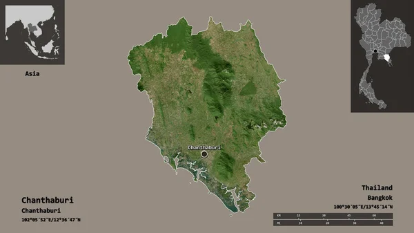 泰国昌塔布里的形状及其首都 距离刻度 预览和标签 卫星图像 3D渲染 — 图库照片