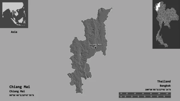 泰国清迈的形状及其首都 距离刻度 预览和标签 Bilevel高程图 3D渲染 — 图库照片