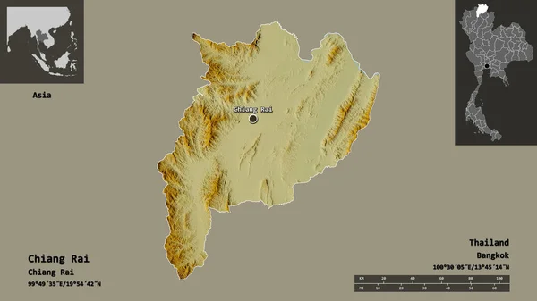 チエンライ タイの州 およびその首都の形状 距離スケール プレビューおよびラベル 地形図 3Dレンダリング — ストック写真