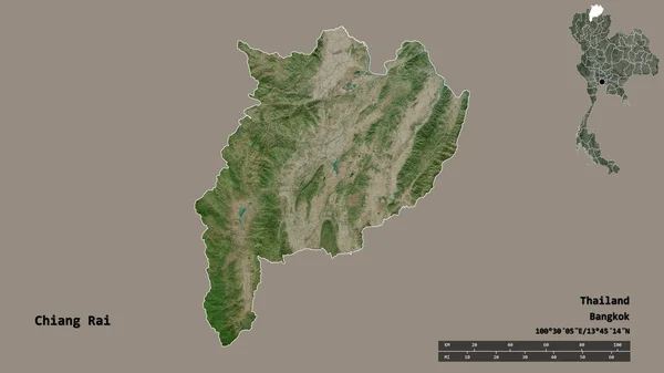 泰国清莱的形状 其首都在坚实的背景下与世隔绝 距离尺度 区域预览和标签 卫星图像 3D渲染 — 图库照片