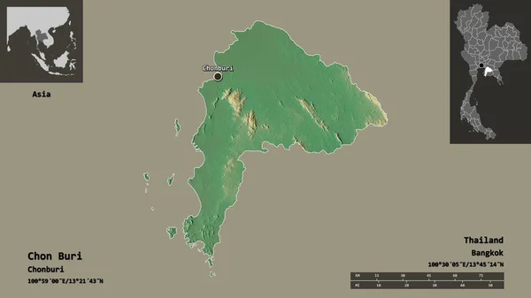 タイの省とその首都であるチョン ブリの形 距離スケール プレビューおよびラベル 地形図 3Dレンダリング — ストック写真