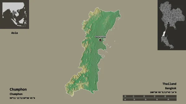 タイ国チュンフォン県の形状とその首都 距離スケール プレビューおよびラベル 地形図 3Dレンダリング — ストック写真