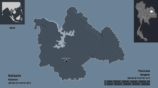 タイ王国のカラシン州とその首都の形 距離スケール プレビューおよびラベル 色の標高マップ 3Dレンダリング — ストック写真