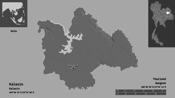 タイ王国のカラシン州とその首都の形 距離スケール プレビューおよびラベル 標高マップ 3Dレンダリング — ストック写真