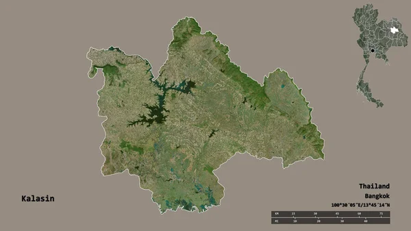 泰国卡拉辛省的形状 其首都在坚实的背景下与世隔绝 距离尺度 区域预览和标签 卫星图像 3D渲染 — 图库照片