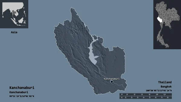 Form Kanchanaburi Provinsen Thailand Och Dess Huvudstad Avståndsskala Förhandsvisningar Och — Stockfoto