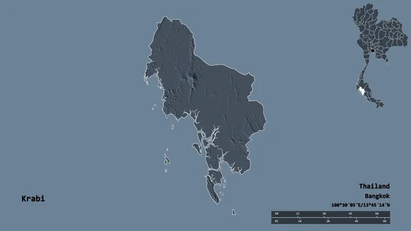 泰国克拉比省的形状 其首都在坚实的背景下与世隔绝 距离尺度 区域预览和标签 彩色高程图 3D渲染 — 图库照片
