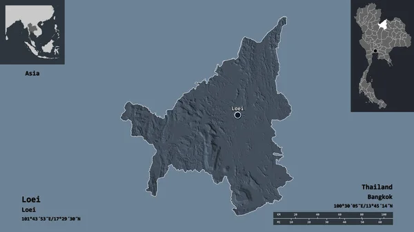タイ王国の首都であるローイ県の形 距離スケール プレビューおよびラベル 色の標高マップ 3Dレンダリング — ストック写真
