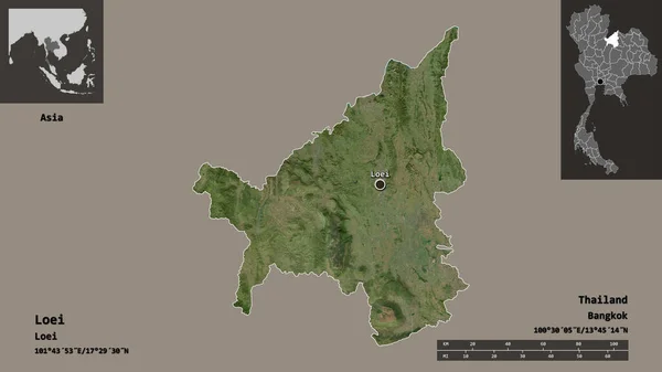 泰国罗伊省的形状及其首府 距离刻度 预览和标签 卫星图像 3D渲染 — 图库照片