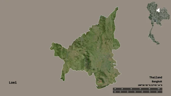 泰国洛埃的形状 其首都在坚实的背景下与世隔绝 距离尺度 区域预览和标签 卫星图像 3D渲染 — 图库照片