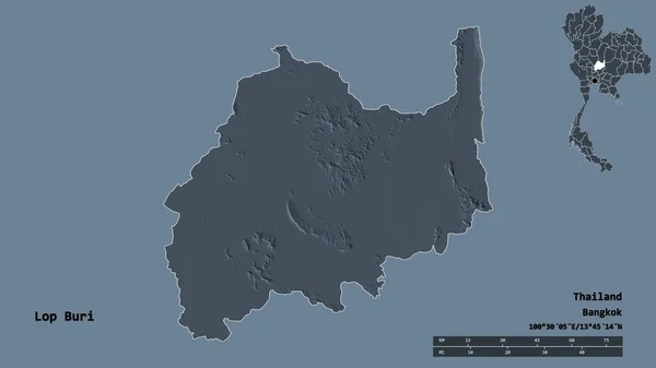 タイの州であるループ ブリの形で その首都はしっかりとした背景に隔離されています 距離スケール リージョンプレビュー およびラベル 色の標高マップ 3Dレンダリング — ストック写真