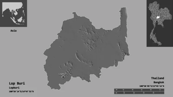 タイの州であるループ ブリの形とその首都 距離スケール プレビューおよびラベル 標高マップ 3Dレンダリング — ストック写真