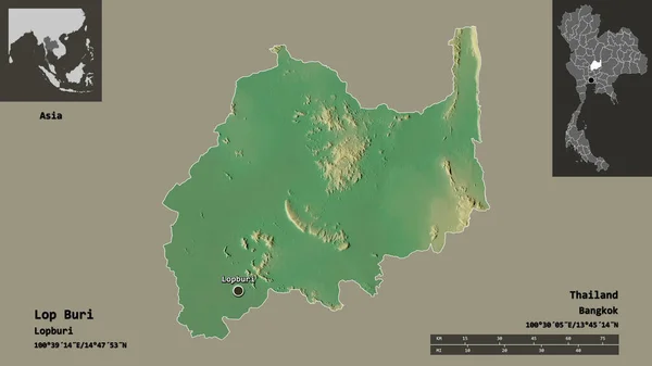 タイの州であるループ ブリの形とその首都 距離スケール プレビューおよびラベル 地形図 3Dレンダリング — ストック写真