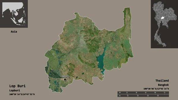 泰国罗布里省的形状及其首都 距离刻度 预览和标签 卫星图像 3D渲染 — 图库照片