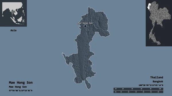 タイの省メーホンソン およびその首都の形状 距離スケール プレビューおよびラベル 色の標高マップ 3Dレンダリング — ストック写真