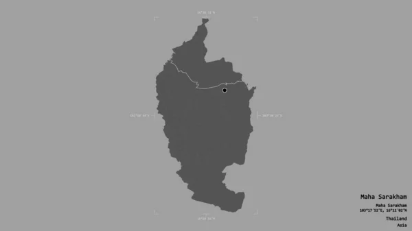 Area of Maha Sarakham, province of Thailand, isolated on a solid background in a georeferenced bounding box. Labels. Bilevel elevation map. 3D rendering