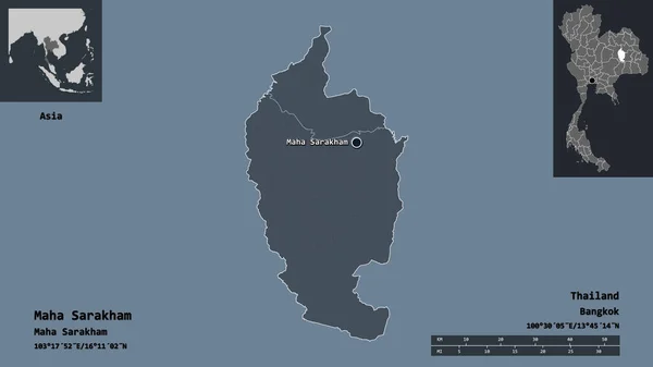 泰国Maha Sarakham的形状及其首都 距离刻度 预览和标签 彩色高程图 3D渲染 — 图库照片