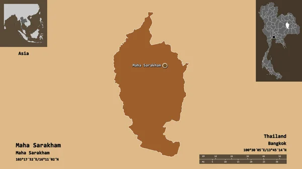 泰国Maha Sarakham的形状及其首都 距离刻度 预览和标签 图形纹理的组成 3D渲染 — 图库照片