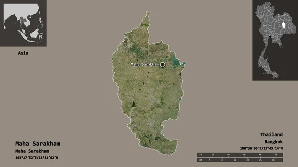 タイ王国の首都マハ サラカムの形 距離スケール プレビューおよびラベル 衛星画像 3Dレンダリング — ストック写真