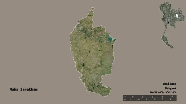 泰国Maha Sarakham的形状 其首都在坚实的背景下与世隔绝 距离尺度 区域预览和标签 卫星图像 3D渲染 — 图库照片
