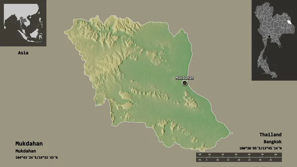 泰国Mukdahan的形状及其首都 距离刻度 预览和标签 地形浮雕图 3D渲染 — 图库照片