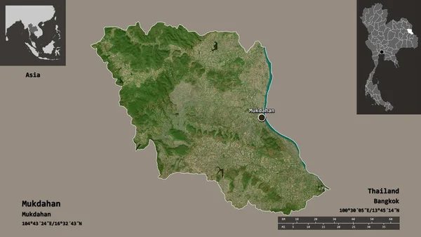 泰国Mukdahan的形状及其首都 距离刻度 预览和标签 卫星图像 3D渲染 — 图库照片
