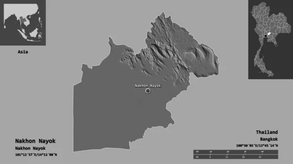 Shape Nakhon Nayok Provinz Thailand Und Seine Hauptstadt Entfernungsskala Vorschau — Stockfoto