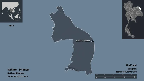 泰国Nakhon Phanom的形状及其首都 距离刻度 预览和标签 彩色高程图 3D渲染 — 图库照片