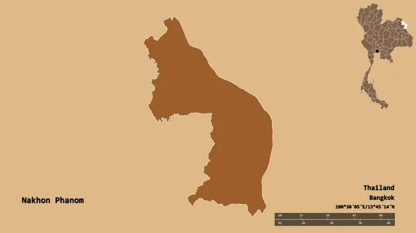 タイ国のナコンファン州の形で その首都はしっかりとした背景に隔離されています 距離スケール リージョンプレビュー およびラベル パターン化されたテクスチャの構成 3Dレンダリング — ストック写真