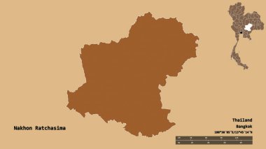 Tayland 'ın Nakhon Ratchasima bölgesinin başkenti, sağlam bir zemin ile izole edilmiştir. Uzaklık ölçeği, bölge önizlemesi ve etiketleri. Desenli dokuların bileşimi. 3B görüntüleme