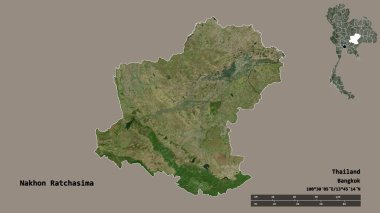 Tayland 'ın Nakhon Ratchasima bölgesinin başkenti, sağlam bir zemin ile izole edilmiştir. Uzaklık ölçeği, bölge önizlemesi ve etiketleri. Uydu görüntüleri. 3B görüntüleme