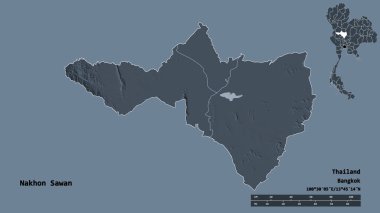 Tayland 'ın Nakhon Sawan eyaleti, başkenti sağlam bir zemin ile izole edilmiştir. Uzaklık ölçeği, bölge önizlemesi ve etiketleri. Renkli yükseklik haritası. 3B görüntüleme