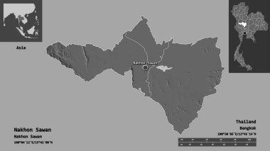 Tayland 'ın Nakhon Sawan ili ve başkenti. Uzaklık ölçeği, ön gösterimler ve etiketler. Çift seviyeli yükseklik haritası. 3B görüntüleme