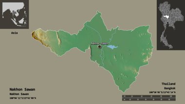 Tayland 'ın Nakhon Sawan ili ve başkenti. Uzaklık ölçeği, ön gösterimler ve etiketler. Topografik yardım haritası. 3B görüntüleme