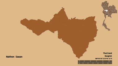 Tayland 'ın Nakhon Sawan eyaleti, başkenti sağlam bir zemin ile izole edilmiştir. Uzaklık ölçeği, bölge önizlemesi ve etiketleri. Desenli dokuların bileşimi. 3B görüntüleme