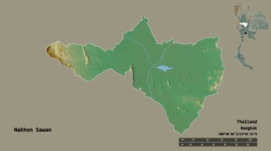 Tayland 'ın Nakhon Sawan eyaleti, başkenti sağlam bir zemin ile izole edilmiştir. Uzaklık ölçeği, bölge önizlemesi ve etiketleri. Topografik yardım haritası. 3B görüntüleme