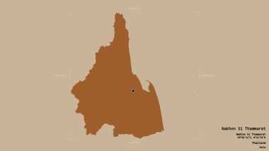 Nakhon Si Thammarat bölgesi, Tayland vilayeti, jeoreferatlı bir sınır kutusunda sağlam bir arka planda izole edilmiş. Etiketler. Desenli dokuların bileşimi. 3B görüntüleme